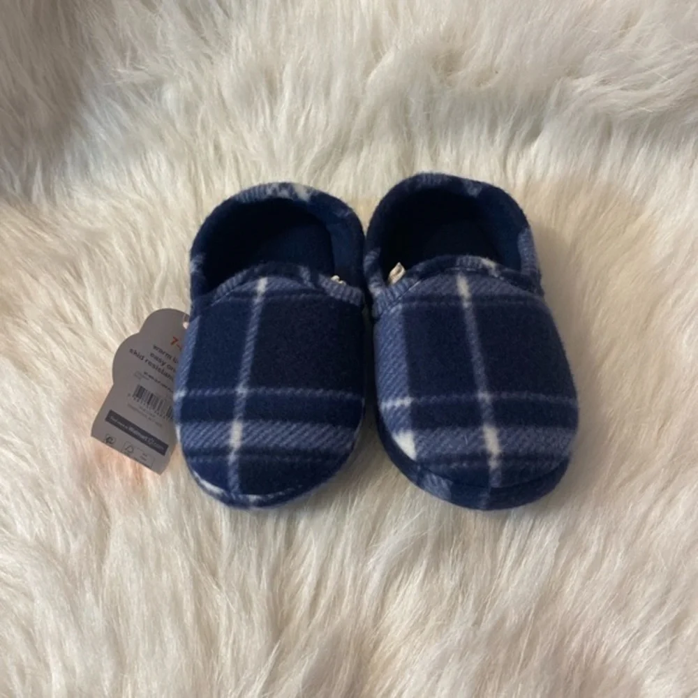 Wonder Nation Slippers Boys Size 7-8 Blue Plaid Slip‎ On Shoes NEW
